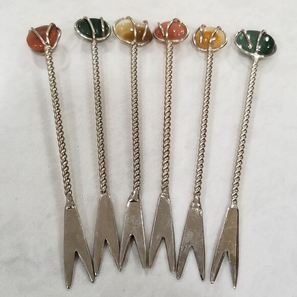 Gemstone polished stoned silver (sterling?plated?)cocktail pick 6 count - Picture 1 of 12